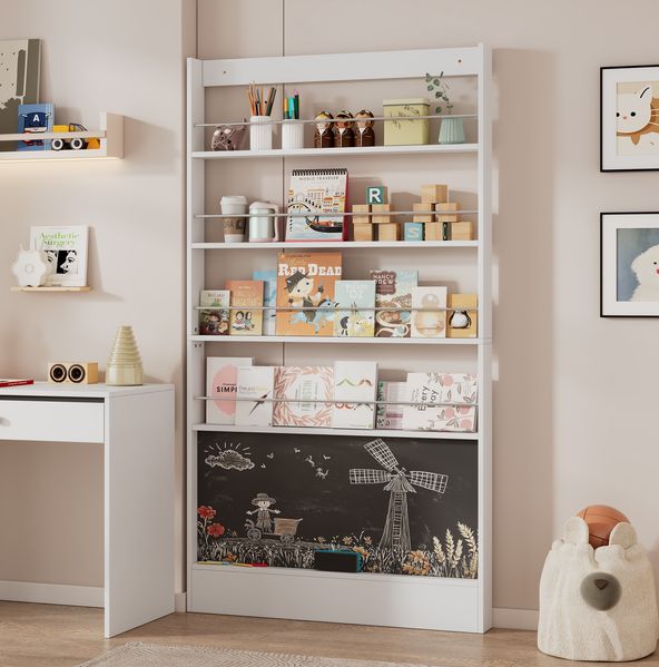 Ultraflaches Bücherregal mit Kreidetafel & Kippschutz, 100×10×180 cm, weiß