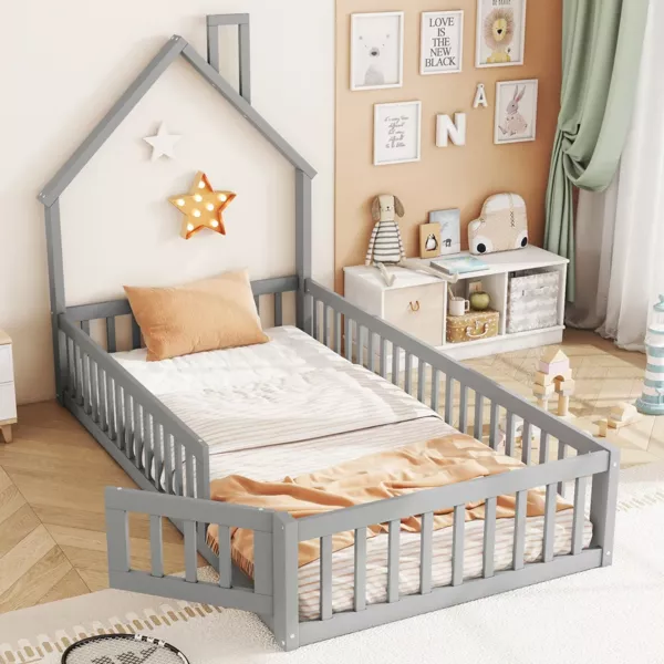 Hausbett mit Lattenrost und Rausfallschutz, 90x200 cm, Kinderbett, Jugendbett, Kiefer