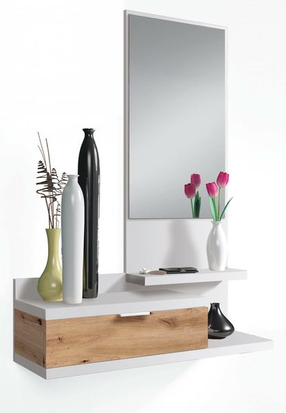Dmora Adina-Eingangsmöbel, Eingang mit Spiegel und Schublade, Taschentablett für die Eingangshalle kleiner Wohnungen, 81 x 29 x 116 cm, weiße und geknotete Eiche Bild 5
