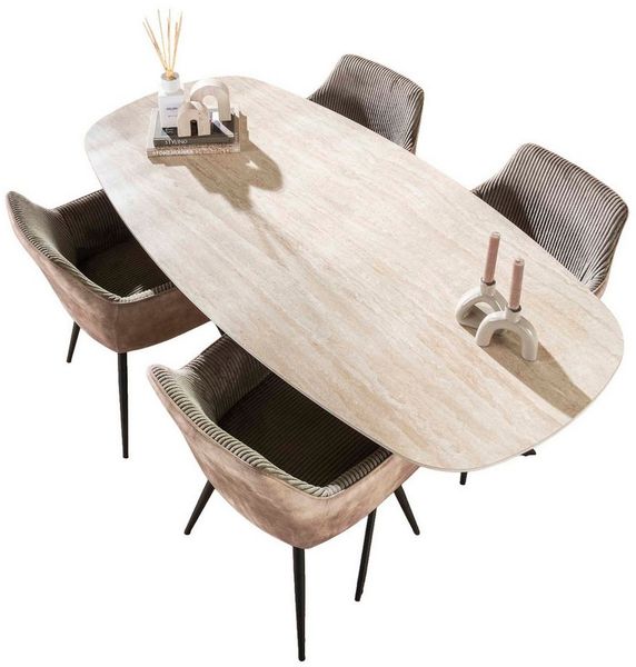 Vintagehaus Esstisch Retro Esstisch Arch Organic 180 Travertin Keramik Metallbeine