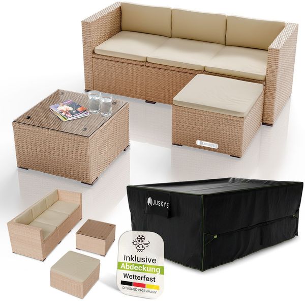 Juskys Polyrattan Lounge Punta Cana M creme inkl. Abdeckung – Gartenlounge für 4 Personen – Sitzgruppe mit Sessel, Sofa, Tisch & Hocker - Sitzbezüge sand