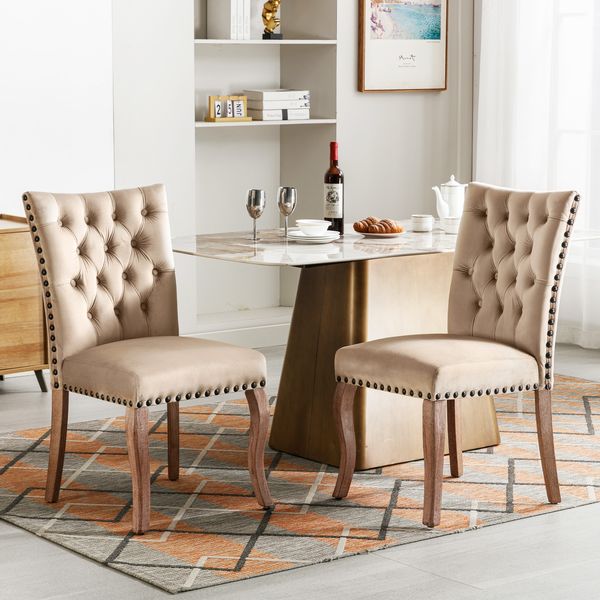 2er Set Esszimmerstuhl Samt gepolstert Massivholz mit Kupfernägeln, modernes Design, komfortabler Sessel,Helles Kamel