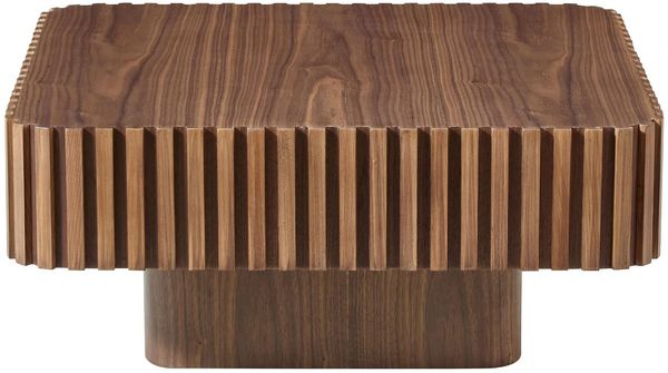 Square Fluted Coffee Table, Modern Ribbed Center Table with Solid Wood Stripe Accent, MDF with Wood Veneer Construction, Contemporary Accent Table for Living Room, Bedroom, and Office (Walnut Color)