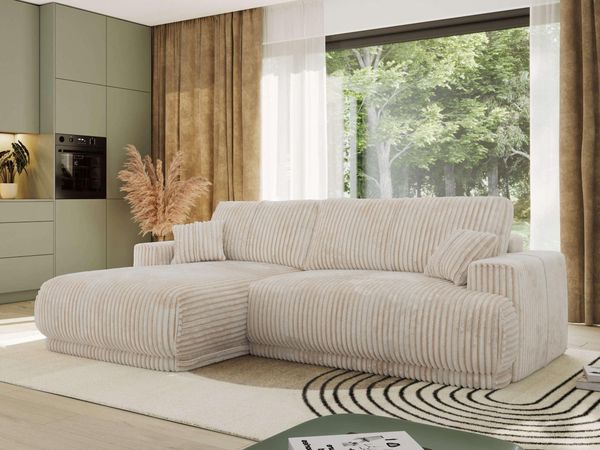 RINA L Design Ecksofa, Schlaffunktion & Stauraum, DL-System, Wellenfedern, Liegefläche 220x155 cm, freistehendes Polstersofa, Schlafcouch - Beige Cord - Links Seite