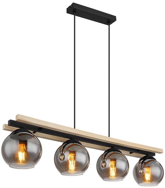 Pendelleuchte, Holz, Rauchglas, 4-flammig, H 120 cm