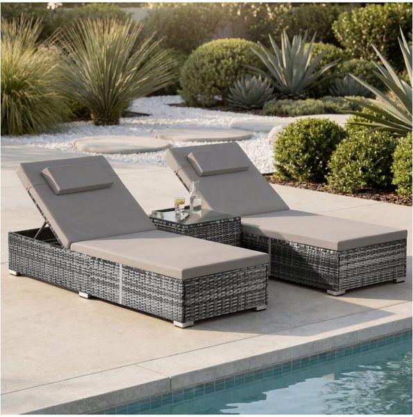 tectake Gartenliege Rattan-Doppelliege mit Tisch, mit abnehmbaren Kopfpolstern, Sonnenliege Carbonera, 1 St, in grau, wetterfest und UV-beständig, Belastbarkeit je 200 kg, verstellbar
