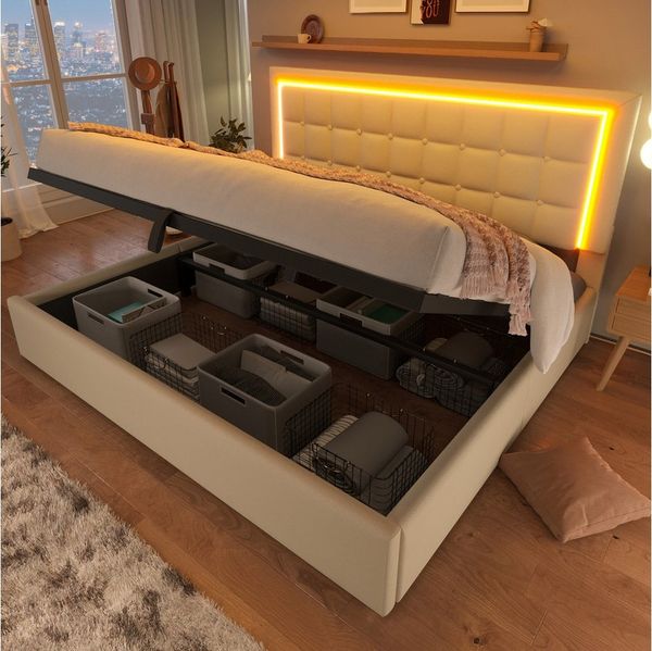Flieks Stauraumbett (1-tlg), LED-Beleuchtung Kunstleder Doppelbett 160x200cm