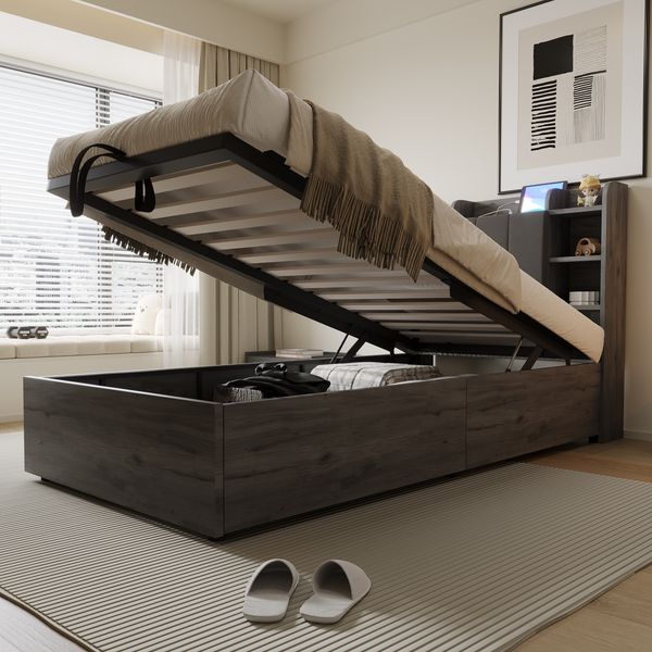 Holzbett 90 x 200 cm, Hydraulisches Bett, Kopfteil mit Stauraum, Ausgestattet mit USB- und Tape-C-Steckdose, Einzelbett, Jugendbett, Grau (ohne Matratze)