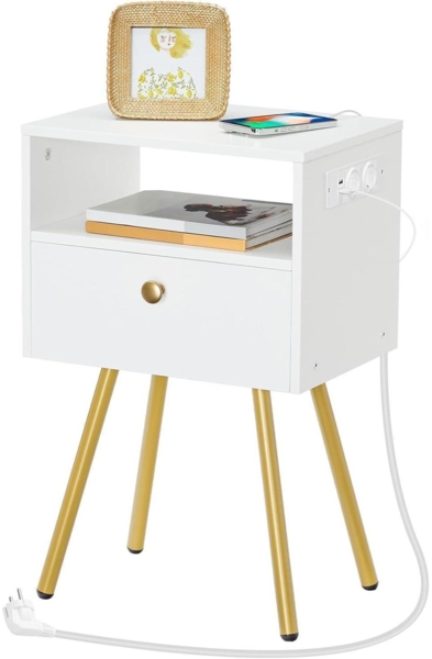 HOOBRO Nachttisch Ladestation Schublade Offenes Fach Beistelltisch Weiß Gold