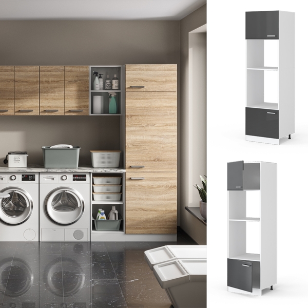 Hochschrank R-Line Anthrazit Hochglanz 60 cm mit offenen Regalen, und Türen Vicco Bild 2