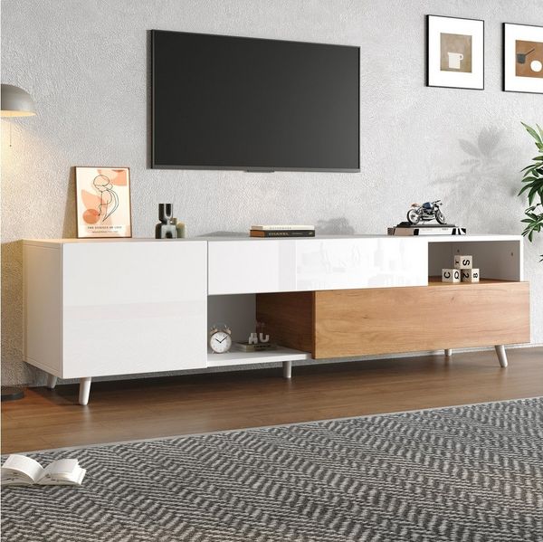 Merax Lowboard mit Hochglanzfront, Fernsehschrank in Weiß & Holzoptik (TV-Schrank für bis zu 75-Zoll-Fernseher, 1 St, 180x38x50 cm), TV-Schrank mit 1 Schublade, 7 Fächern, Klapptür & offenen Regalen