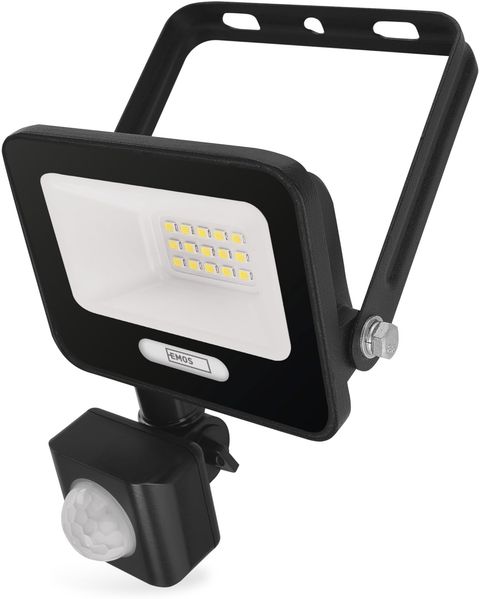 EMOS - LED Aluminium-Strahler GLARO 10 W mit Sensor - IP54 wasserdicht für Feuchtraum und Außen - superhell 1 000 lm, Neutralweiß 4 000 K, Lebensdauer 20 000 h - 20 cm Gummi-Anschlusskabel - schwarz