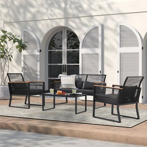 JOIVI Gartenlounge-Set 4 tlg Gartenmöbel Set, Rattan Terassenmöbel für Außen, (Wetterfeste Sitzgruppe für 4 Personen, mit Gartentisch und Kissen, für Balkon, Garten, Hinterhof, Schwarz)