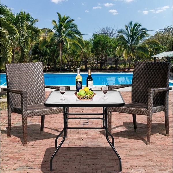 COSTWAY Bistrotisch Gartentisch mit Schirmloch und Glasplatte für den Innen- und Aussenbereich, Schwarz, 80 x 80 x 71 cm