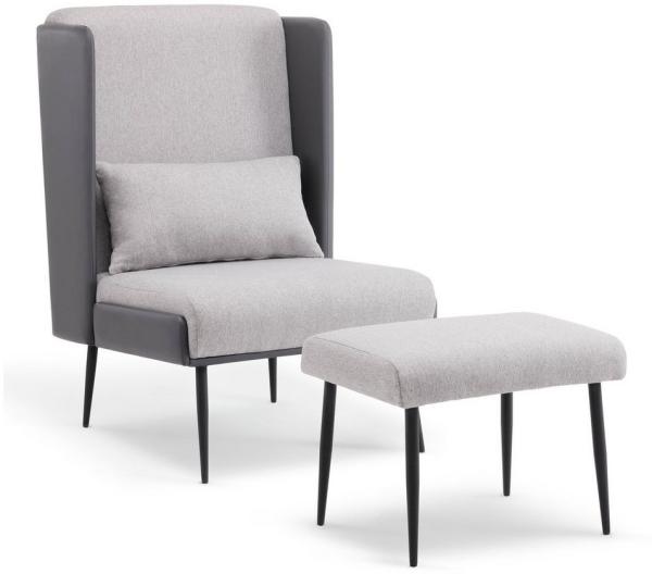 M MCombo Ohrensessel mit Hocker, Polstersessel Relaxsessel für Wohnzimmer, Lesesessel Bequem, Loungesessel Modern, Stoff/Kunstleder 4707 (Grau)