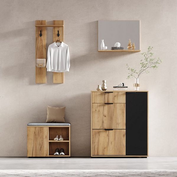 Merax Garderoben-Set 4-teilig Garderobenset, (Wandgarderobe, Schuhschrank, Schuhbank & Spiegel, Flurmöbel), 140×35×139 cm, Naturholzfarbe+Schwarz
