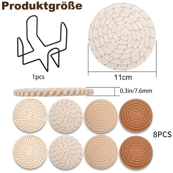 HEYHIPPO Becheruntersetzer Set geflochtene Baumwoll-Untersetzer mit Halter–rutschfest & saugfähig, Zubehör für Stellen Sie Getränke, Tassen und Gläser bereit, Set, Runde Glasuntersetzer 8er Set aus Baumwolle mit Halter –für Getränke