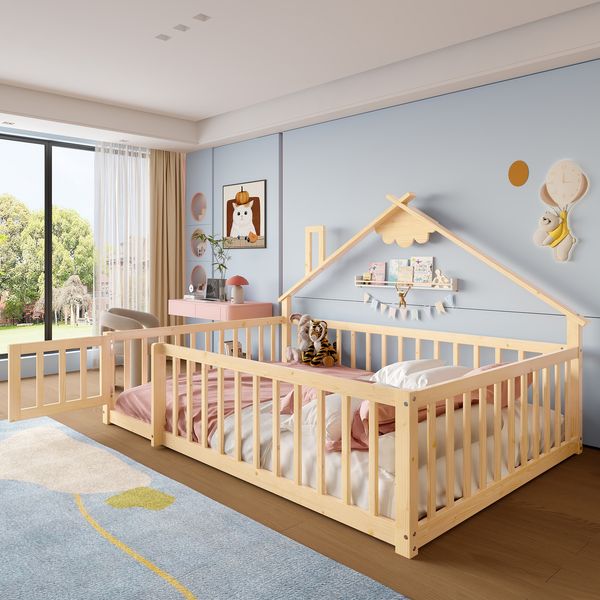 Kinderbett 140×190 cm im Hausdesign mit Rausfallschutz, Kiefernholz & MDF, Natur, ohne Matratze