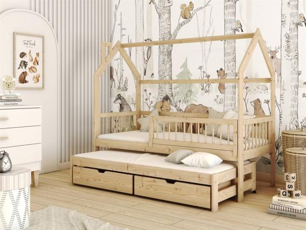 Hausbett Kinderbett PERLE 200x90cm Kiefer Massiv Natur inkl. Zusatzbett