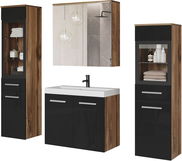 welltime Badmöbel-Set MADRIT II, Schrank mit Waschbecken, 2 Hänger, Spiegelschrank, (Komplett-Set, 5-St), Hängende Badmöbel mit Glaseinsätzen – in vielen Farben erhältlich