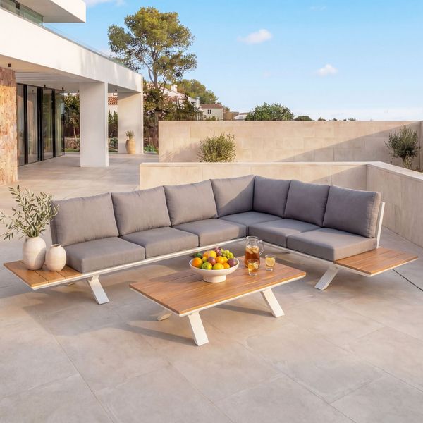 Aluminium Garten-Garnitur HWC-M62, Sitzgruppe Garten-/Lounge-Set Sofa, Holzoptik ~ Gestell weiß, Polster hellgrau