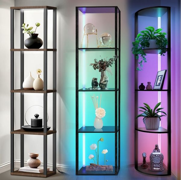 XERSEK Stehlampe Dimmbar LED Stehleuchte Bücherregal Regal aus Holz App Fernbedienung, 5 Ebenen Eckregal, 164*38cm, RGB, Warm- / Weißes