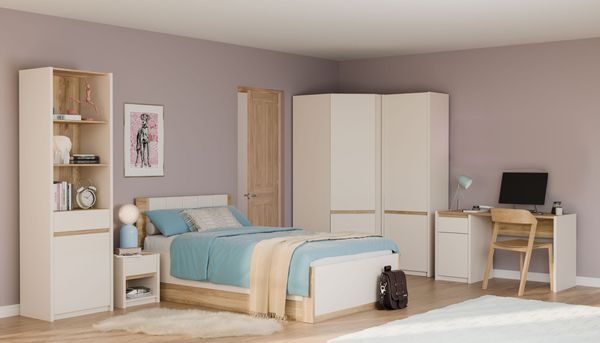 Jugendzimmerset Oak Squere in Mauvella Oak & Sand – 7-teiliges Komplettzimmer für Kinder & Jugendliche, inklusive Beleuchtung