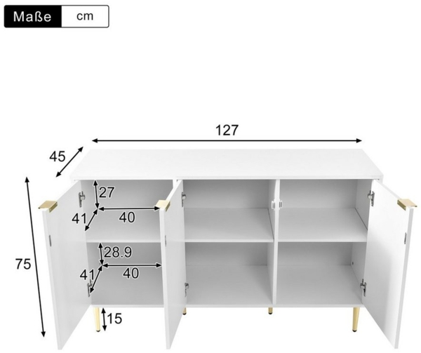 Flieks Kommode, Nachtschrank Sideboard mit 3 Türen und 6 Fächer 127x45x75cm Bild 3