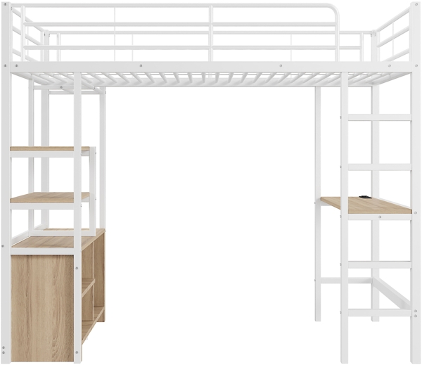 Hochbett 90x200 cm mit Schreibtisch, USB & Steckdose,Metallbett mit Regalen, Leiter & Geländer, platzsparendes Jugendbett Weiß Bild 10