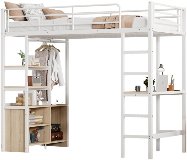 Hochbett 90x200 cm mit Schreibtisch, USB & Steckdose,Metallbett mit Regalen, Leiter & Geländer, platzsparendes Jugendbett Weiß Bild 9