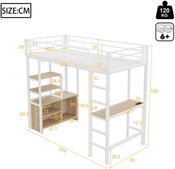 Hochbett 90x200 cm mit Schreibtisch, USB & Steckdose,Metallbett mit Regalen, Leiter & Geländer, platzsparendes Jugendbett Weiß Bild 8