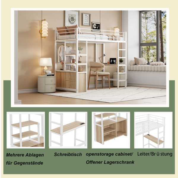 Hochbett 90x200 cm mit Schreibtisch, USB & Steckdose,Metallbett mit Regalen, Leiter & Geländer, platzsparendes Jugendbett Weiß Bild 6