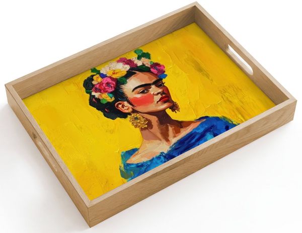OnlyWow Tablett Rechteckig mit Henkel Frida Kahlo - Frau - Gelb - Blau - Blumen, Eichenholz, (1-tlg), Siervierplatte, Tray, Frühstücksbrett