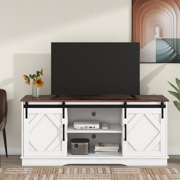 TV-Schrank 150 x 40 x 60 cm mit Schiebetüren und verstellbaren Regalen – TV-Board in Braun/Weiß