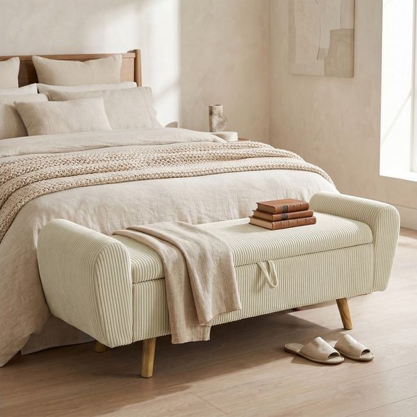 HOMCOM Sitzbank Polsterbank mit Cord-Optik, Holzfüßen und Gerollten Armlehnen (Set, 1-St, mit Stauraum), für Wohnzimmer, Schlafzimmer, Flur, 150 x 45 x 51 cm, Beige