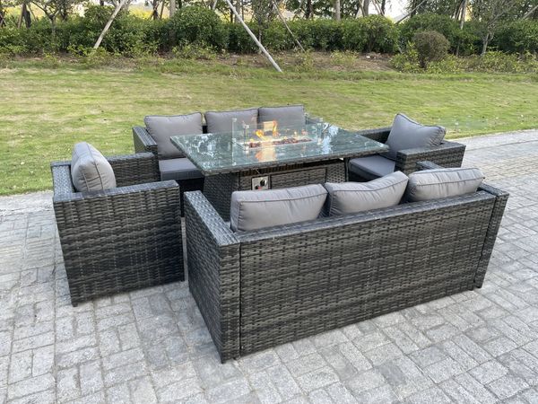 Fimous Outdoor Rattan Gartenmöbel Gas Feuerstelle Brenner Tisch Sets Lounge Sessel Dunkelgrau 8-Sitzer