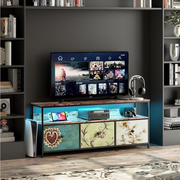 Simurq Lowboard TV-Schrank,Fernsehtisch mit 3 Schubladen,offenen Fächern, Wohnzimmer, RGB-LED-Beleuchtung, 3 Schubladen, Stauraum, 40-50-Zoll-Fernseher