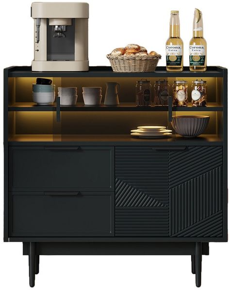 SeedWave Buffet mit LED Küchenschrank Anrichte mit 2 Glas-Schiebetüren, Breite 80cm 2 Schubfach, 1 geschlossenes Fach, Anti-Kipp Funktion
