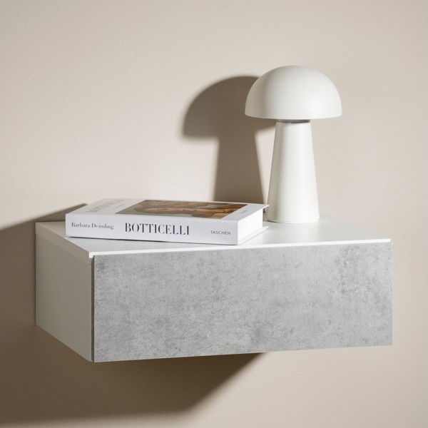 CARO-Möbel Nachtkommode ANNE, Hängender Nachttisch mit Schublade, schwebendes Wandregal weiß/beton