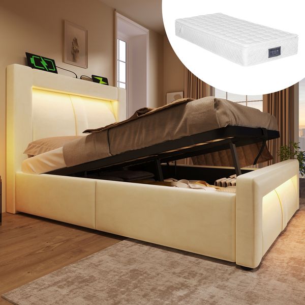 Einzelbett 90x200 cm mit Matratze, Stauraum, LED und USB/Type-C – Polsterbett aus Samt in Beige