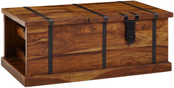 Couchtisch 100 x 60 x 40 cm Sheesham Massivholz Truhentisch mit Weinregal, Design Wohnzimmertisch mit Stauraum, Sofatisch Stubentisch Modern, Holztisch Wohnzimmer