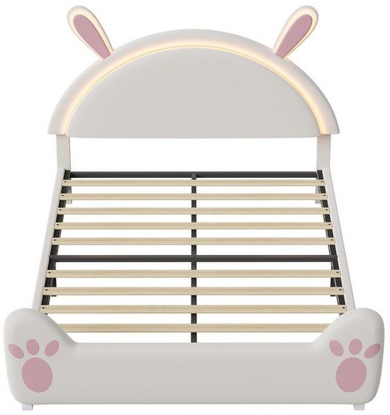 Furnishings Home Kinderbett Polsterbett LED mit Hasenohren Kopfteil 90x200 cm (1-tlg, LED Beleuchtung steuerbar per App/Fernbedienung), Doppelbett mit Hasenohren Kopfteil und Lattenrost, Samt