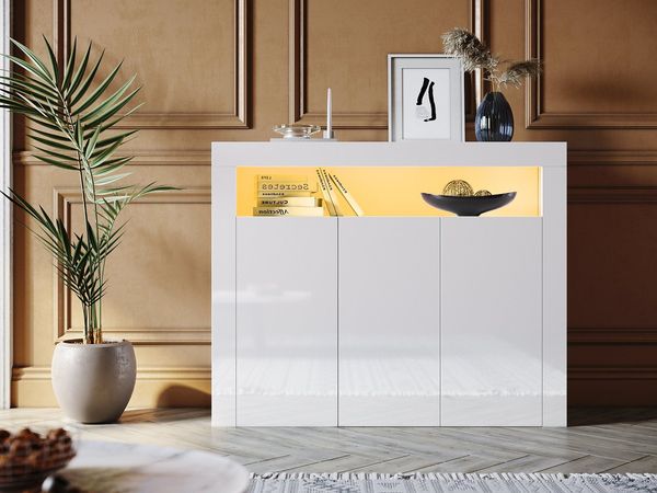 SONNI Kommode Sideboard Weiß Hochglanz mit LED Beleuchtung Kommode, Wohnzimmer