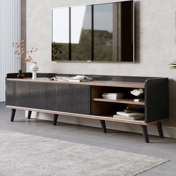 BlingBin TV-Schrank TV-Möbel, TV-Panel, TV-Lowboard, Fernsehtisch TV Board Fernsehschrank (TV-Schrank mit 2 Schubladen und 2 Schiebetüren, 1-St, Gesamtabmessungen: 160 x 40 x 58cm, Produktladung: 50KG) Exquisite Textur, Spanplatte, Schwarz und Natürlic...