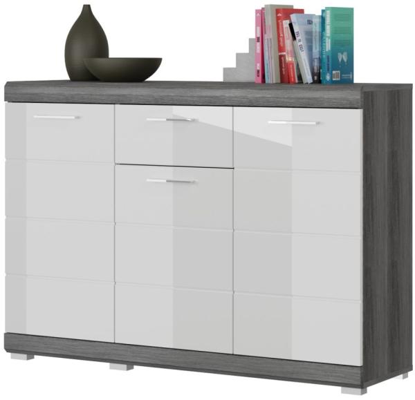 Sideboard Shawn in weiß Hochglanz und Rauchsilber grau 120 cm