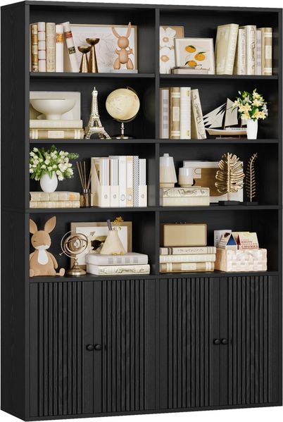 IRONCK Bücherregal mit Türen, Regal Holz mit 6 Ebenen 12 Fächern, Bücherschrank Hochschrank Vitrinenschrank, Einstellbare Regalböden, Standregal für Wohnzimmer Büro Schlafzimmer 108×30×180cm,Schwarz