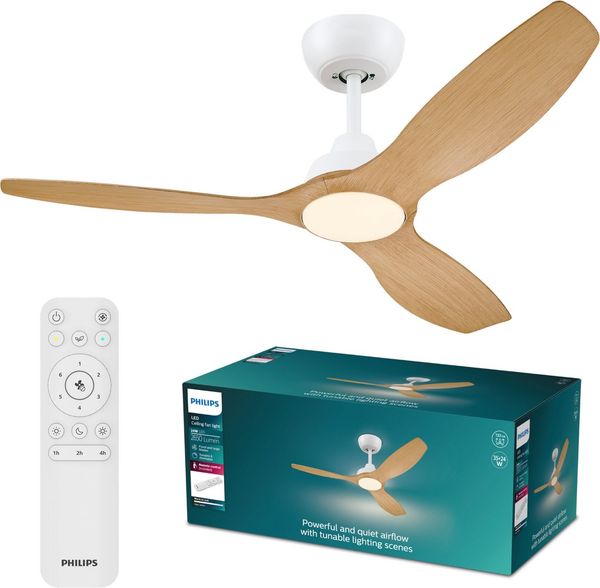 Philips LED Deckenleuchte Olas 24W DC-Ventilator 30W, fixe Rotorblätter, ⌀ 106cm, schwarz-braun, CCT - über Fernbedienung, Dimmer, Dimmfunktion, Ein-/Ausschalter, Farbsteuerung, Fernbedienung, Infrarot inkl, Memoryfunktion, Ventilatorfunktion, dimmbar ...