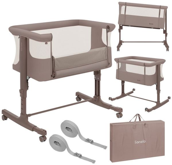 Lionelo Aurora 3 in 1 Babybett bis 9 kg, Beistellbett, Wiege, Höhenverstellug und Einstellung der Neigung der Matratze, 4 Räder mit Bremse Ergonomische Matratze Tasche