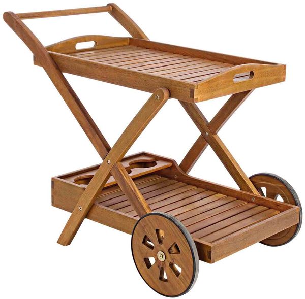 Servierwagen Minoe aus Akazienholz, klassisch, geölt, mit Rädern und Getränkehalter, natur