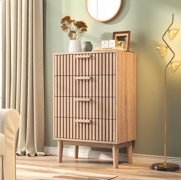 FUROKOY Sideboard Kommode Holz Mit rutschfesten Tischbeinen und Kippschutzvorrichtung, 91x34x60 cm,Mit 4 Schubladen,Mit geräuscharmem Dämpfungsschlitten